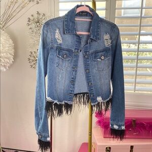 Blue and Black Cropped  Distressed Jean Jacket